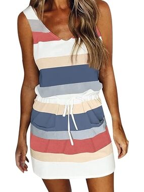 Striped V-Neck Drawstring Mini Dress in Blue, Coral, Beige & White
